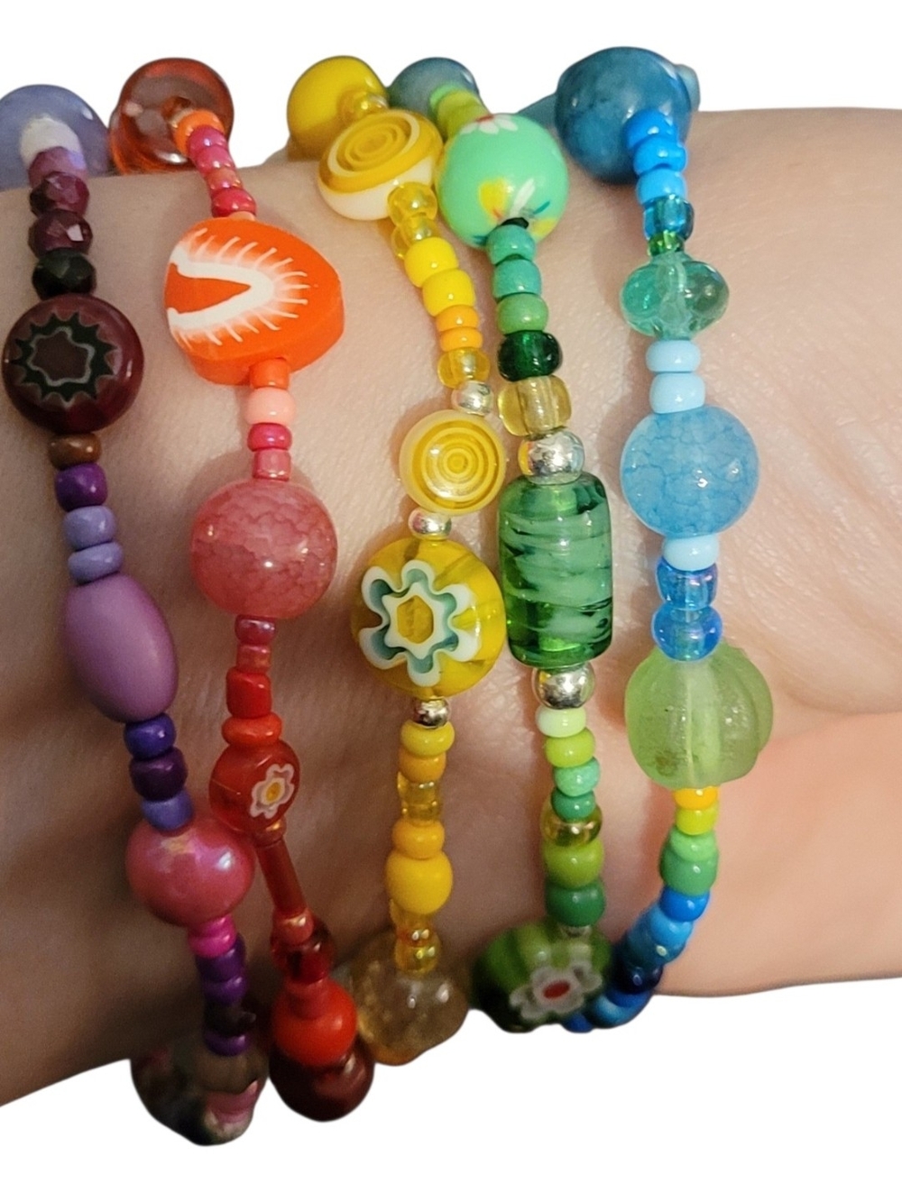Multicolor Mixed-Media Beaded Stretch Bracelet Set of 5 💜 - Picture 2 of 5